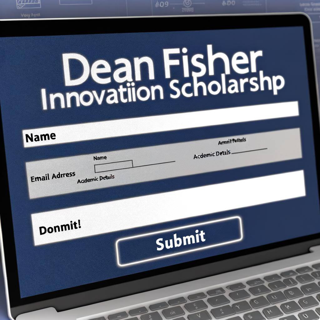 A digital representation of an online application form for a scholarship called 'Dean Fisher Innovation Scholarship'. The name of the scholarship is prominently displayed at top of the form. Below that, there are various fields to input personal information such as 'Name', 'Email Address' and 'Academic Details'. A 'SUBMIT' button is at the bottom of the form.